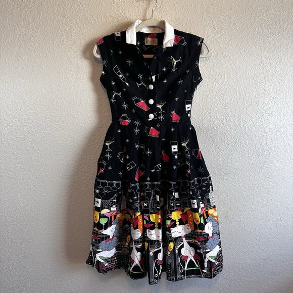 Lindy Bop Dress 4 Black Cat Dog Cocktail Bar Print Flared Twee Retro 50’s - Picture 3 of 10